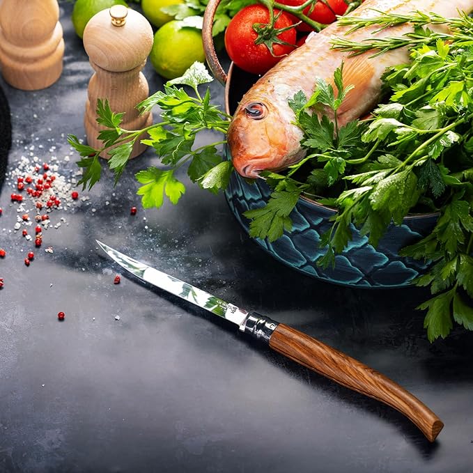 Opinel Effile Slimline Series Folding Fillet Knife – Slim Blade Folding Knife, Virobloc Locking Collar, Sustainably Harvested Wood Handles, Updated Blade Profile (Olivewood/No.12)