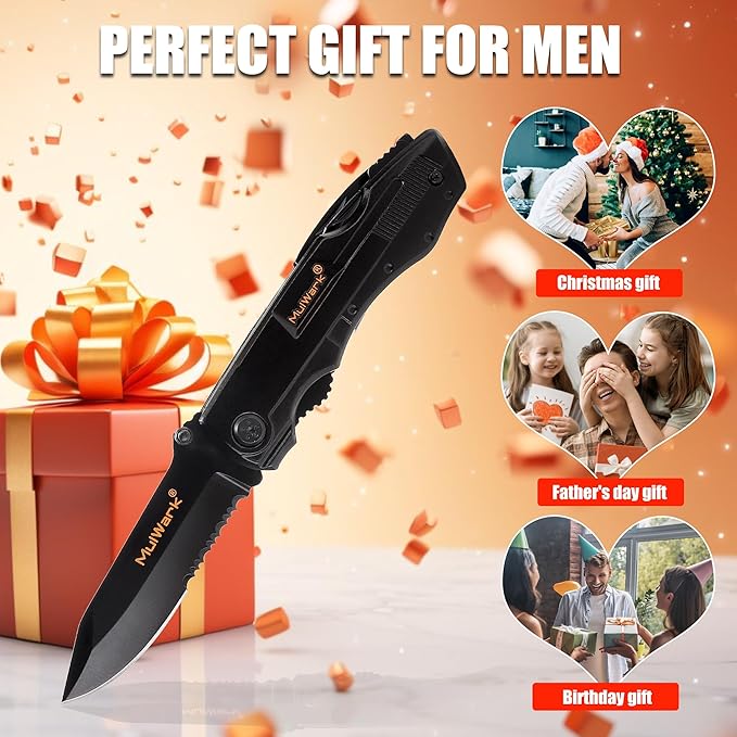 MULWARK Folding Multitool Pocket Knife 12 in 1 Survival Knife - Pocket Knife for Men - Gift for Men, Hunting Knife, Tactical Camping Knife - Black