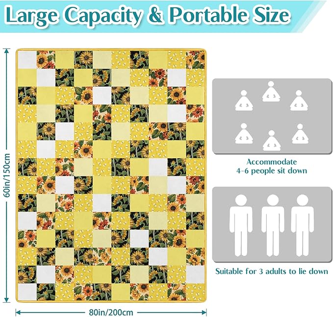 Sunflower Bee Picnic Blanket Waterproof Foldable Extra Large Picnic Mat Beach Blanket 60"x80" for Camping Beach Hiking Patio Party Outdoor Decor Gifts