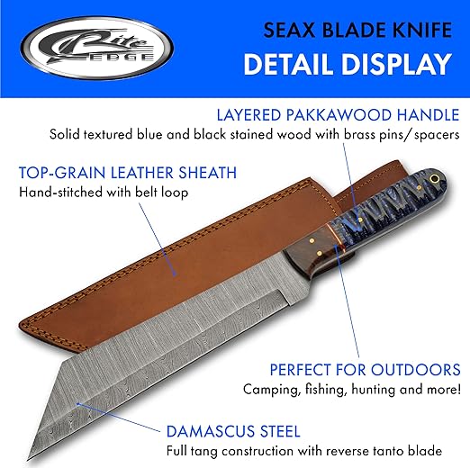 SZCO Supplies 14" Blue Wood Handle Damascus Steel Tanto Blade Outdoor Hunting Knife With Sheath
