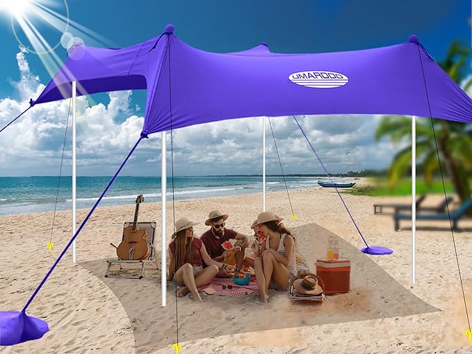 UMARDOO Family Beach Tent Canopy Sun Shade Portable 10×10FT, Large Wind Resistance Beach Sun Shelter Easy Setup with Packable Carry Bag for Outdoor Travel UPF 50+(Purple)