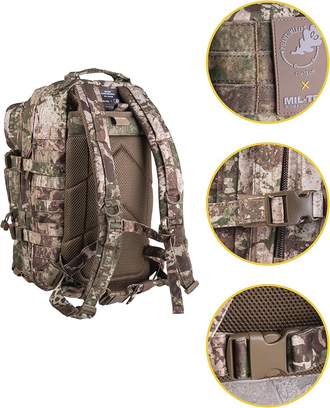 Mil-Tec Unisex Assault Pack - Rugged Durable Lightweight Ergonomic Versatile Tactical Outdoor Camping Hiking Backpack with Adjustable Padded Shoulder Straps & MOLLE Loops, Phantomleaf WASP I Z2, 20L