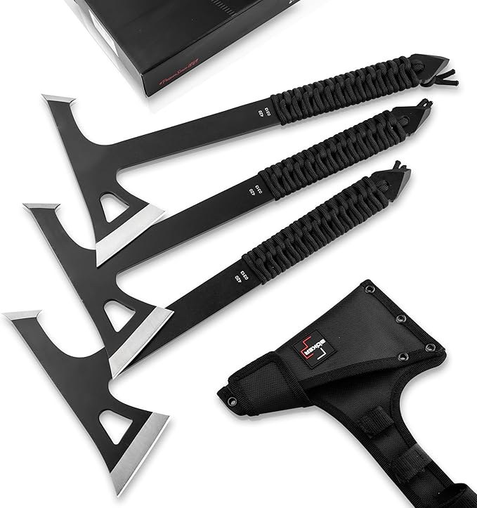 BOKER Plus® Mohican - Throwing Axe Set of 3 Black - Double Axe Made of 3Cr13 Steel with Sheath - Bushcraft, Camping, Outdoor & Survival Axe - Hatchet Axe Kit for Throwing Training