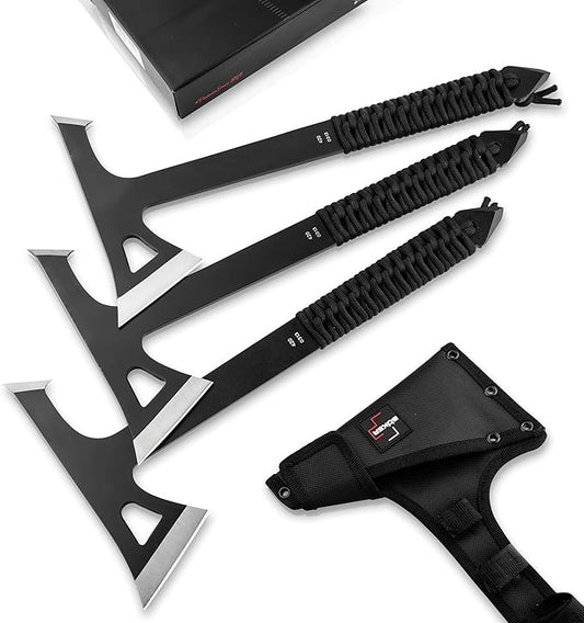 BOKER Plus® Mohican - Throwing Axe Set of 3 Black - Double Axe Made of 3Cr13 Steel with Sheath - Bushcraft, Camping, Outdoor & Survival Axe - Hatchet Axe Kit for Throwing Training