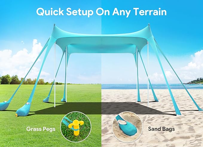 Osoeri Beach Tent, Camping Sun Shelter UPF50+ with 8 Sandbags, Sand Shovels, Ground Pegs & Stability Poles, Outdoor Shade Beach Canopy for Camping Trips, Fishing, Backyard Fun or Picnics