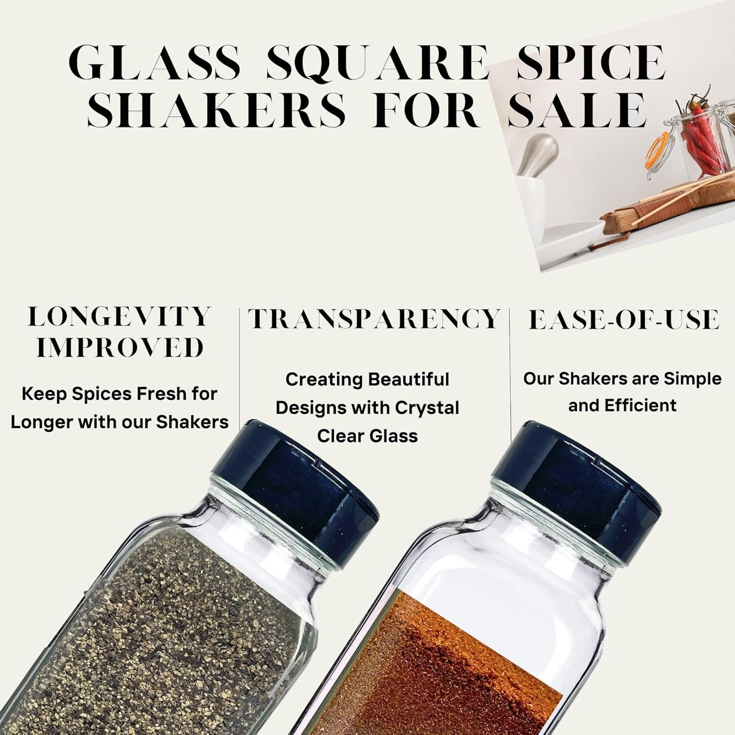 JARMING COLLECTIONS 8 oz Glass French Square Spice Jars with Shaker Lids - Elegant Design for Food Storage and Kitchen Organization - Enhance Your Spice Storage – Made in USA