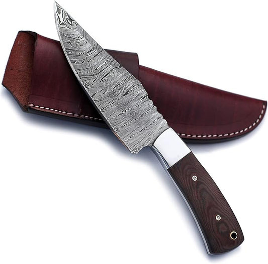 Handmade Damascus Steel Knife for Hunting,Survival,Camping,Bushcraft, and Fishing,Fixed Blade with Drop Point Full Tang Micarta Handle Leather Sheath - WKD-777