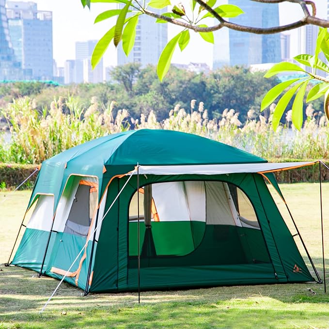 KTT Extra Large Tent 10-12-14 Person(Style-B),Family Cabin Tents,2 Rooms,3 Doors and 3 Windows with Mesh,Straight Wall,Waterproof,Double Layer,Big Tent for Outdoor,Picnic,Camping,Family Gathering