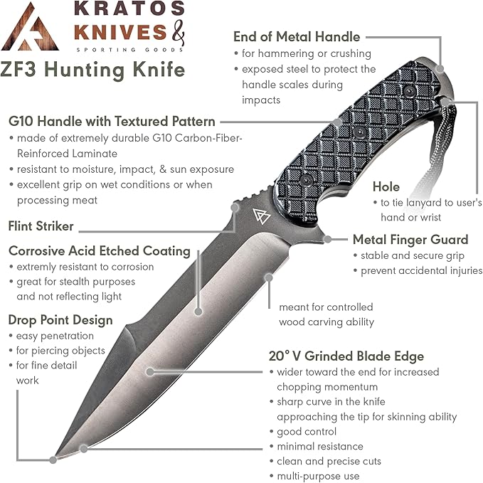 Full Tang Bushcraft Knife, 12" Full Tang Fixed Blade Knife, 440C Stainless Steel Camping Knife with Sheath, Full Tang Survival Knife By Kratos - ZF3