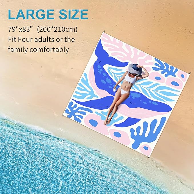 Large Beach Blanket Waterproof Sandproof 79"x 83" for 1-4 Adults,Quick Drying Beach Mat,Lightweight & Durable,Beach Essentials for Family Beach Camping Travel Picnic (Blue Whale)
