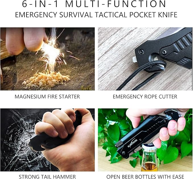 ALBATROSS Best 6-in-1 Survival Tactical Military Folding Pocket Knives with LED Light,Seatbelt Cutter,Glass Breaker,Magnesium Fire Starter,Bottle Opener;Multi-Function Emergency Tool(Black-2)