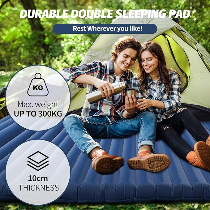 LAMA Double Sleeping Pad for Camping, 2 Persons Self Inflating Camping Mattress for Sleeping, Ultra-Thick 4" Sleeping Mat with Pillow Built-in Pump, Ultralight Camping Mat for Backpacking, Hiking, BL