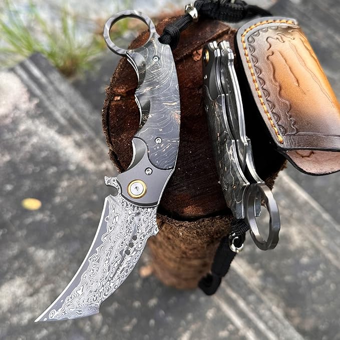 Handmade Damascus steel Folding Pocket EDCKnife，with cowhide sheath And pocket clip，2.8in blade Claw Hawkbill Folding Knife，Lining lock, wooden handle，Outdoor survival first-aid camping knife