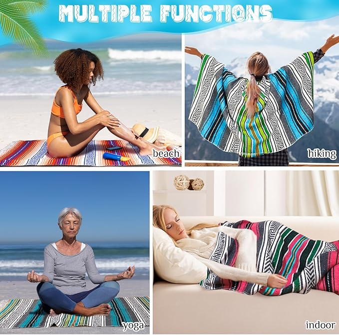 Oudain Mexican Blankets and Throws 45 x 70 Inch, Cotton Outdoor Camping Blanket Woven Serape Yoga Blanket Fiesta Picnic Beach Blankets(Classic Color, 3 Pack)