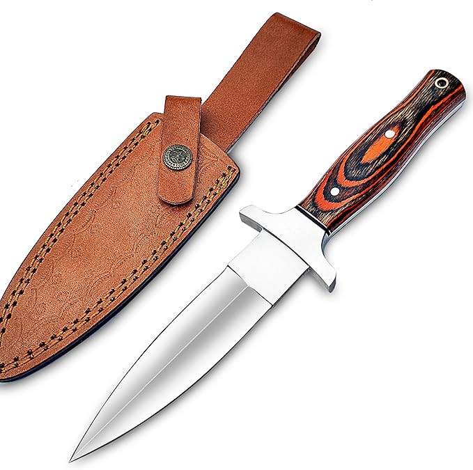 Handmade D2 Steel Dagger Knife, Hunting Knife Perfect Grip with Pakkawood Handle, Horizontal Carry Knife with Leather Sheath for Camping, Tactical, Survival