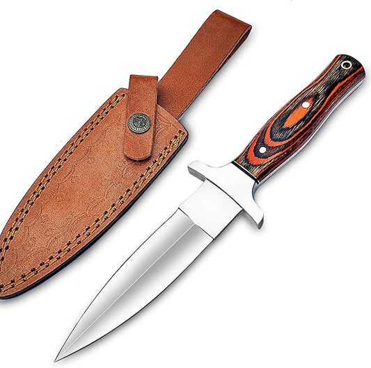 Handmade D2 Steel Dagger Knife, Hunting Knife Perfect Grip with Pakkawood Handle, Horizontal Carry Knife with Leather Sheath for Camping, Tactical, Survival