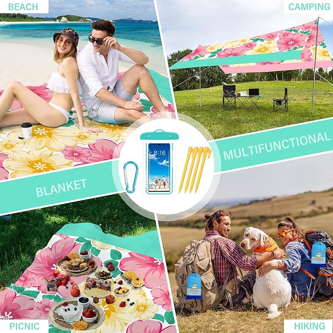 BYDOLL Beach Blanket Sandproof Waterproof 78''×81'' 1-4 Adults Compact Lightweight Oversized Beach Blanket Large Picnic Mat Beach Blanket for Travel Camping Hiking Picnic