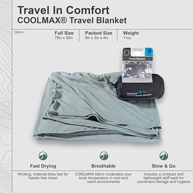 COCOON - Coolmax Travel Blanket | Compact Throw Blanket for Camping and Hiking | Fits in Backpack | Attaches to Luggage | Travel Essential | Fast Drying (Regular 70" x 55")