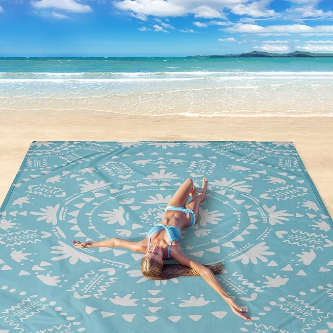 Sandproof Beach Blanket, 110''×118'' Extra Large Sand Free Waterproof Beach Mat 8 Adults, Polyester Lightweight Picnic Blanket with 4 Stakes & Pockets for Travel, Camping, Hiking - Boho Turquoise