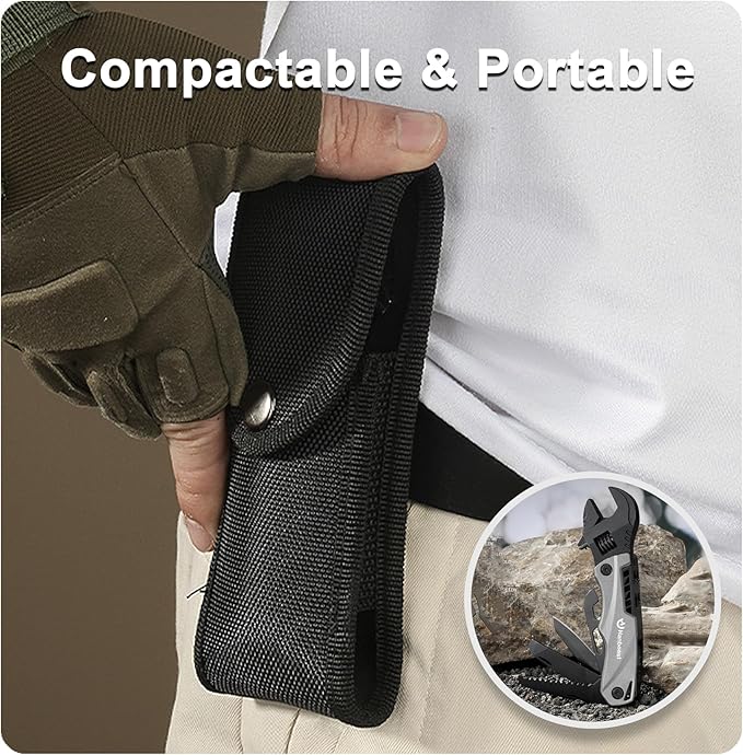 Multitool Wrench Wide Jaw Opening Camping Gear, Gift Ideas for Him,12 In 1 Small Adjustable Spanner with Screwdriver bits, Knife & Bottle Opener,Survial Tool for Home, Outdoor & DIY.