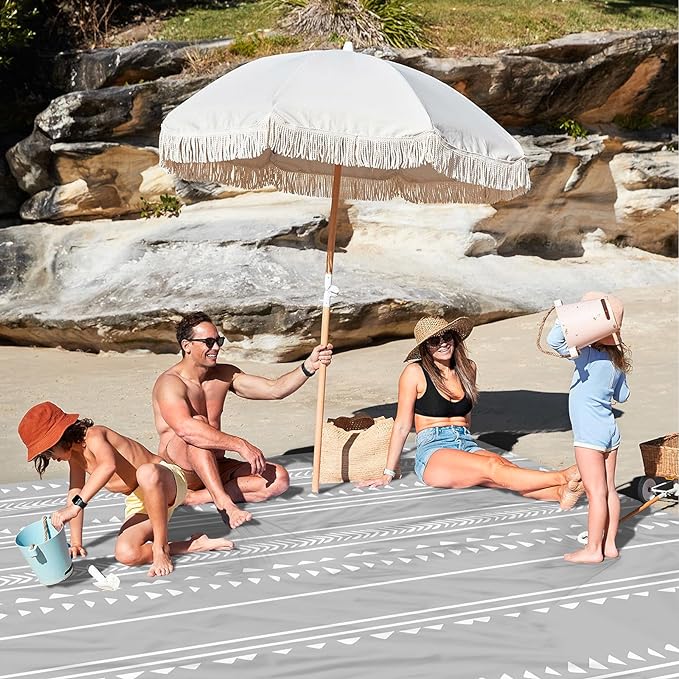 78''×86'' Large Beach Blanket for 4 Adults, Outdoor Beach Mat Sand Proof Waterproof with 4 Stakes & 4 Corner Pockets, Polyester Lightweight Comapct Grey Picnic Mat for Travel, Camping, Hiking