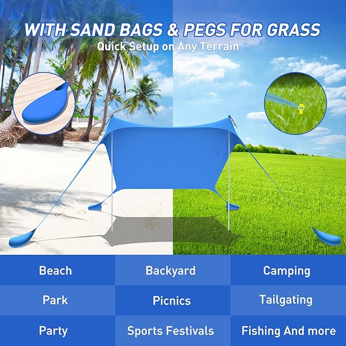 Beach Tent Pop Up Shade Canopy Sun Shelter UPF50+ with 2 Stability Poles/Carry Bag/Ground Pegs/Sand Shovel/Windproof Ropes Portable Outdoor Family Sunshade for Beach Camping (Orange, 7×7FT)