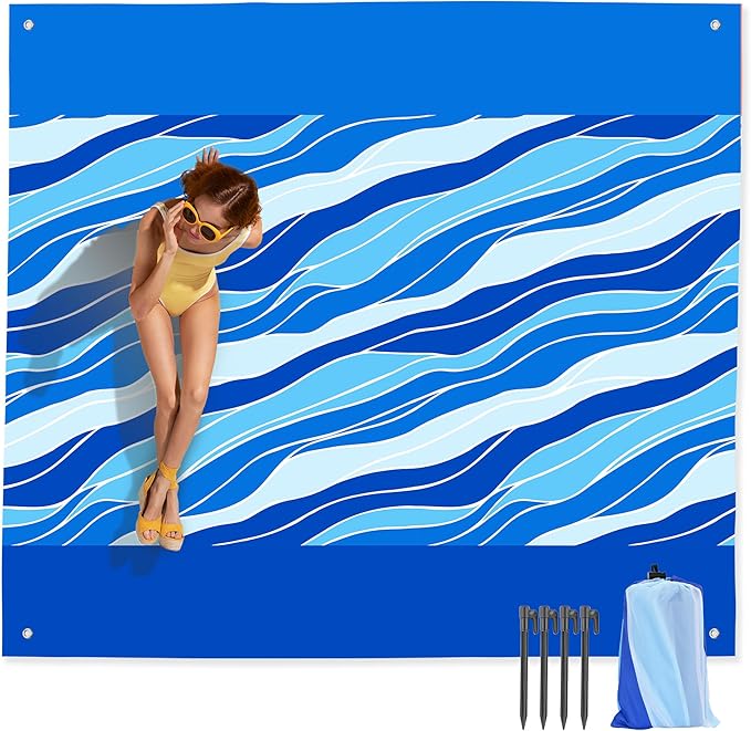Mooreeke Beach Blanket Extra Large Oversized 9 x 10 ft, Blue Waves Sandproof Waterproof Quick Drying Lightweight Compact Outdoor Blanket Beach Mat for Family Travel Camping Picnic, 1-8 Adults