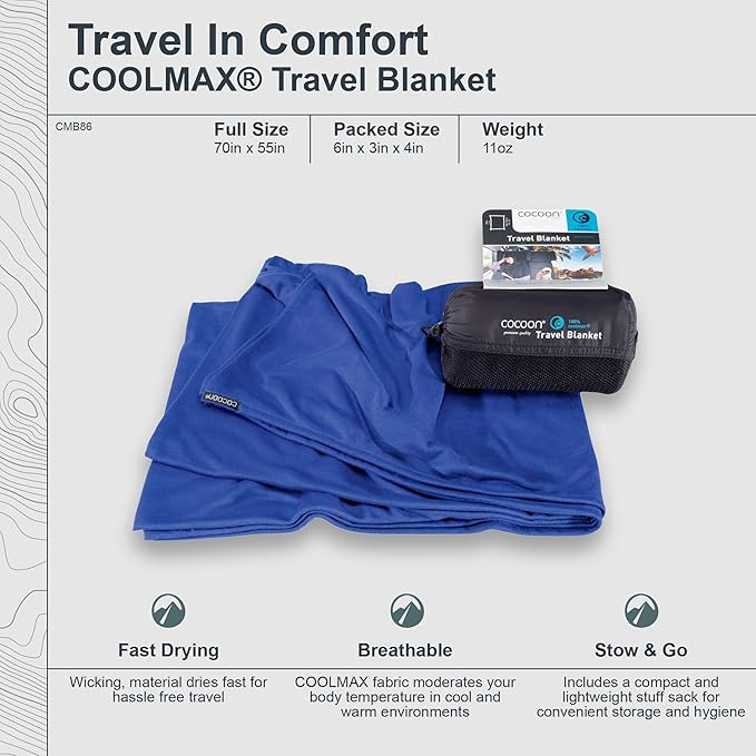 COCOON - Coolmax Travel Blanket | Compact Throw Blanket for Camping and Hiking | Fits in Backpack | Attaches to Luggage | Travel Essential | Fast Drying (Regular 70" x 55")
