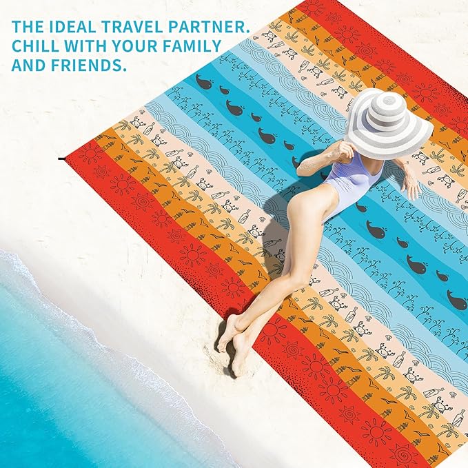 BYDOLL Beach Blanket Sandproof Waterproof 78''×110'' 1-7 Adults Compact Lightweight Oversized Beach Blanket Large Picnic Mat Beach Blanket for Travel Camping Hiking Picnic