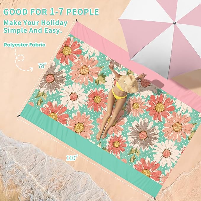 BYDOLL Beach Blanket Sandproof Waterproof 78''×110'' 1-7 Adults Compact Lightweight Oversized Beach Blanket Large Picnic Mat Beach Blanket for Travel Camping Hiking Picnic