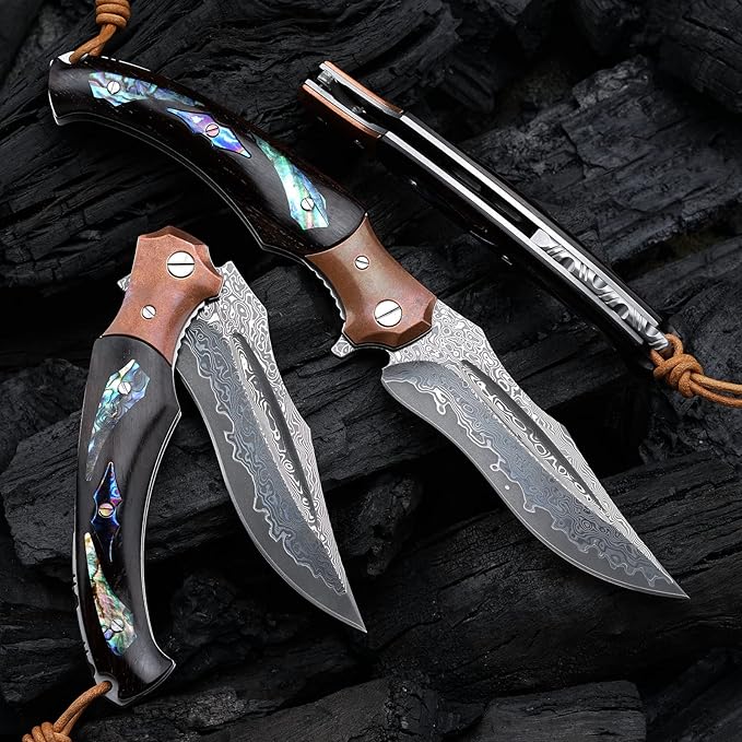 handmade japanese vg10 damascus steel folding knife with ebony lined lock handle, 5.5 "with leather sheath, edc pocket knife, men's outdoor camping fishing