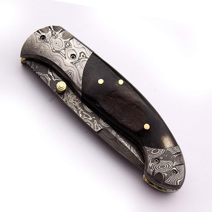Handmade Damascus Folding Pocket Bowie Knife For EDC,Hunting,Survival,CampingBushcrfat,Skinning and Fishing with Full Tang Micarta and Cowhide-Leather Sheath For-Men and Women-(DCF97 - Fireball)