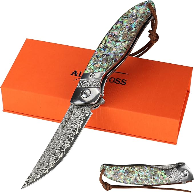 ALBATROSS HGDK028 EDC Sharp Mordern Damascus Folding Pocket Knife with Abalone shell Synthetic Material Handle,Ball Bearing Assisted Opening Knives with Liner Lock Tail rope，Gifts/Collections