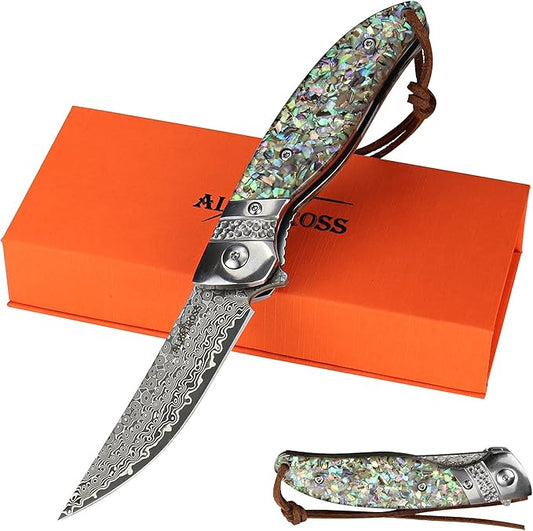 ALBATROSS HGDK028 EDC Sharp Mordern Damascus Folding Pocket Knife with Abalone shell Synthetic Material Handle,Ball Bearing Assisted Opening Knives with Liner Lock Tail rope，Gifts/Collections