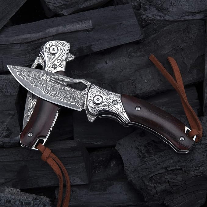 Japanese handmade vg10 damascus steel folding knife with pocket clip,leather sheath,rosewood handle knives for men