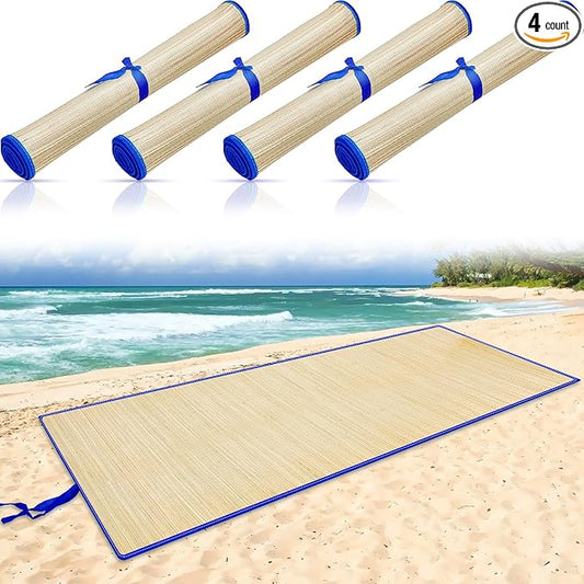 Qunclay 4 Packs Straw Beach Mat Waterproof Non Slip Straw Mat Foldable Lightweight Picnic Mat with Trim for Camping Sunbathing Picnic floor Yoga