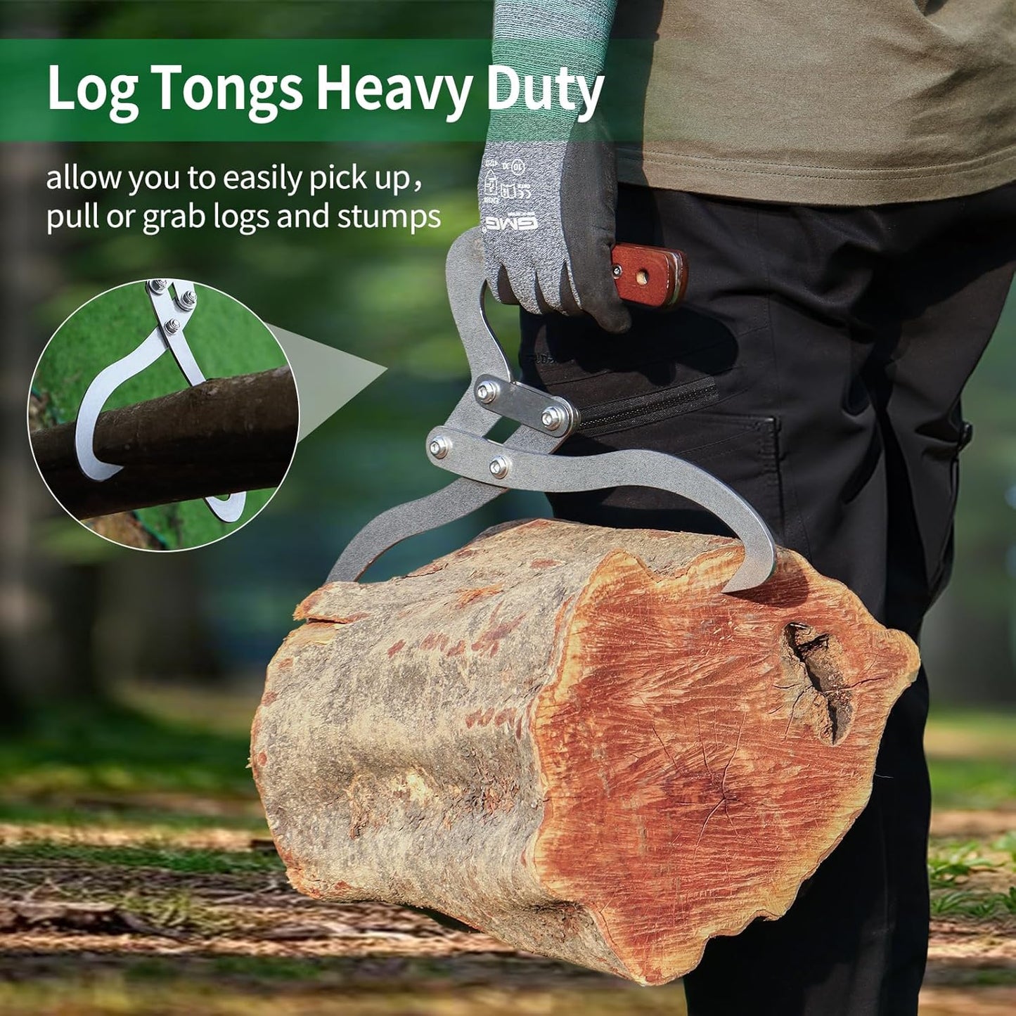 12 Inches (300MM) Log Tongs Firewood Tong with Handle Non-Slip, Claw Log Lifting Tool for Lifting, Handling, Dragging and Carrying Logs,Wood Handle 2 Claw Skidding Tongs