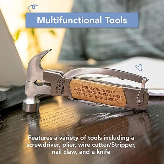 Multitool Camping Hammer for Men - Multi Purpose Gifts for Grandpa with Engraved Sentiments and Carrying Case - Stainless Steel and Pine Wood - Perfect for Camping Trips and Home Project