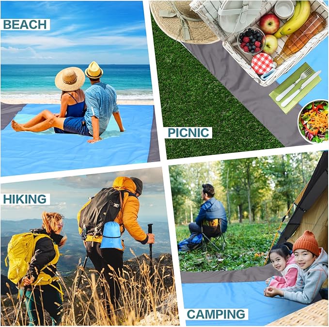 Beach Blanket Waterproof Sandproof,Large Oversized Sand Free Beach Mat,Portable Picnic Mat for Travel Camping Hiking Picnic, Lightweight & Durable Family Water Resistant Mat(Blue)