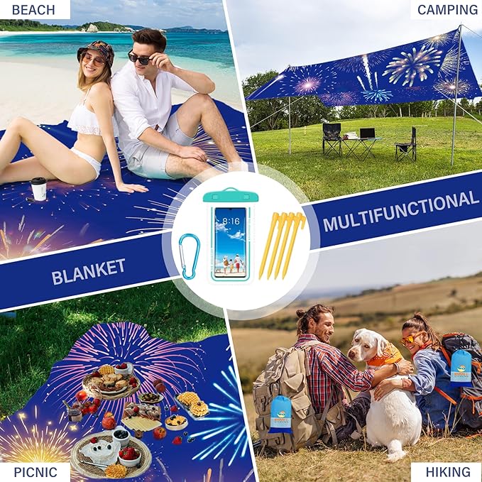 BYDOLL Beach Blanket Sandproof Waterproof Firework 78''×81''1-4 Adults Compact Lightweight Oversized Beach Blanket Large Picnic Mat Beach Blanket for Travel Camping Hiking Picnic