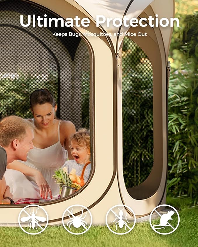 Screen Pop Up House Room Tent, Canopy Sun Shade Shelter for Camping, Patio, Backyard, Deck & Outdoor Activities, Portable Gazebo, Not Waterproof, 10'x10',Beige