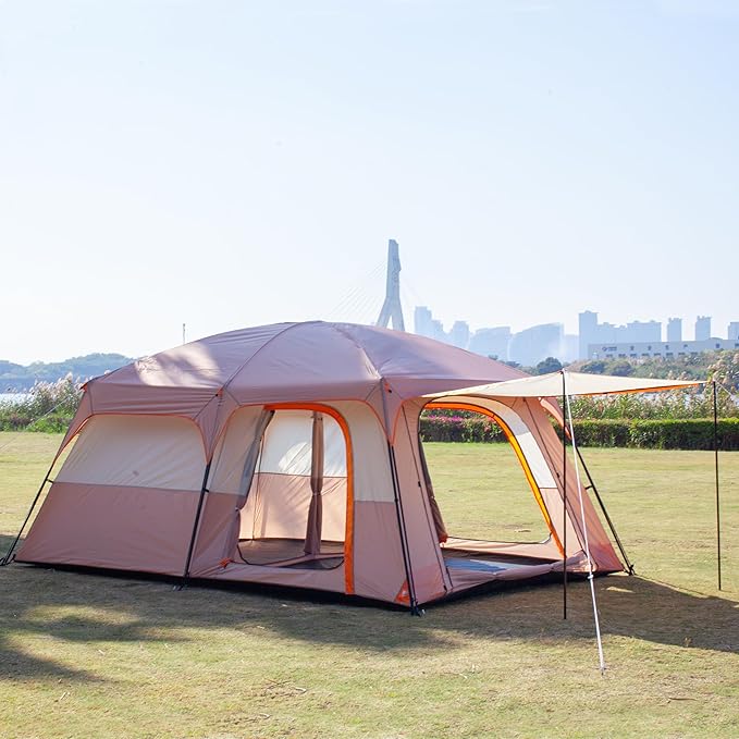 KTT Extra Large Tent 10-12-14 Person(Style-B),Family Cabin Tents,2 Rooms,3 Doors and 3 Windows with Mesh,Straight Wall,Waterproof,Double Layer,Big Tent for Outdoor,Picnic,Camping,Family Gathering