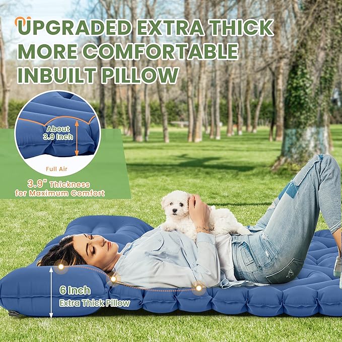 ropoda Extra Thickness 3.9'' Inflatable Sleeping Pad for 2 Person with Pillow, Built-in Foot Pump, 79''*52'' Sleeping Mat with Carry Bag, Ultralight & Compact Camping Mattress for Hiking, Camping