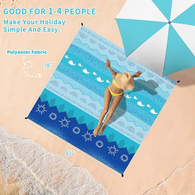 BYDOLL Beach Blanket Sandproof Waterproof 78''×81''1-4 Adults Compact Lightweight Oversized Beach Blanket Large Picnic Mat Beach Blanket for Travel Camping Hiking Picnic