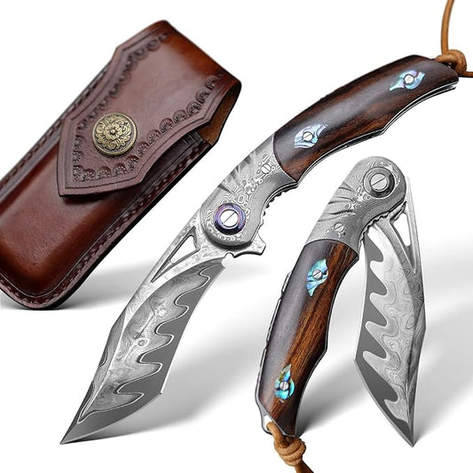 Hand knife with 3.7-inch pocket knife, Japanese SKD11 Damascus steel, outdoor camping knife, forged steel knife, EDC folding knife