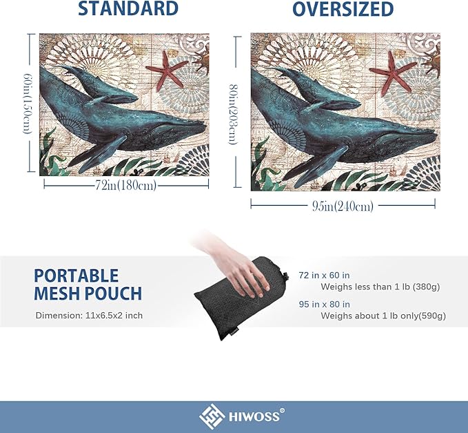 Beach Blanket Waterproof Sandproof Oversized 95”x 80”,Sand Free Beach Mat with Corner Pockets,Portable Mesh Bag for Beach Festival,Picnic,Travel and Outdoor Camping (Dolphin)