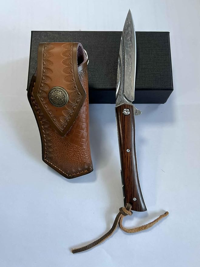 Damascus Pocket Knife with Sheath, Damascus Folding Knife with VG10 Damascus Blade, Wooden Handle