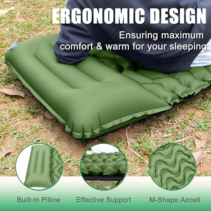 Sleeping Pad for Camping - Ultralight Inflatable Sleeping Mat with Pillow Built-in Foot Pump, Durable Compact Camping Air Mattress for Backpacking Hiking Tent Traveling
