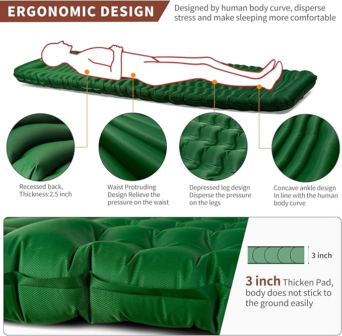 Unigear Camfy P3 Inflatable Sleeping Pad, R-Value 2,Water Resistant, Comfortable Sleeping Mattress for Camping