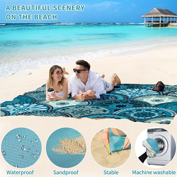BYDOLL Beach Blanket Sandproof Waterproof 78''×81'' 1-4 Adults Compact Lightweight Oversized Beach Blanket Large Picnic Mat Beach Blanket for Travel Camping Hiking Picnic